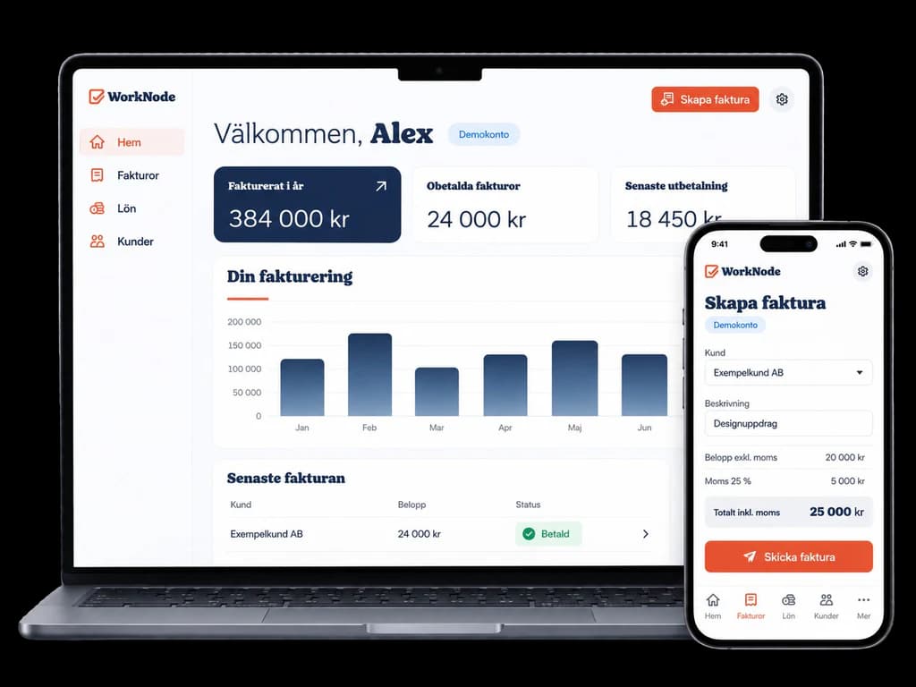 WorkNode-appen på laptop och mobil, med översikt och en ny faktura